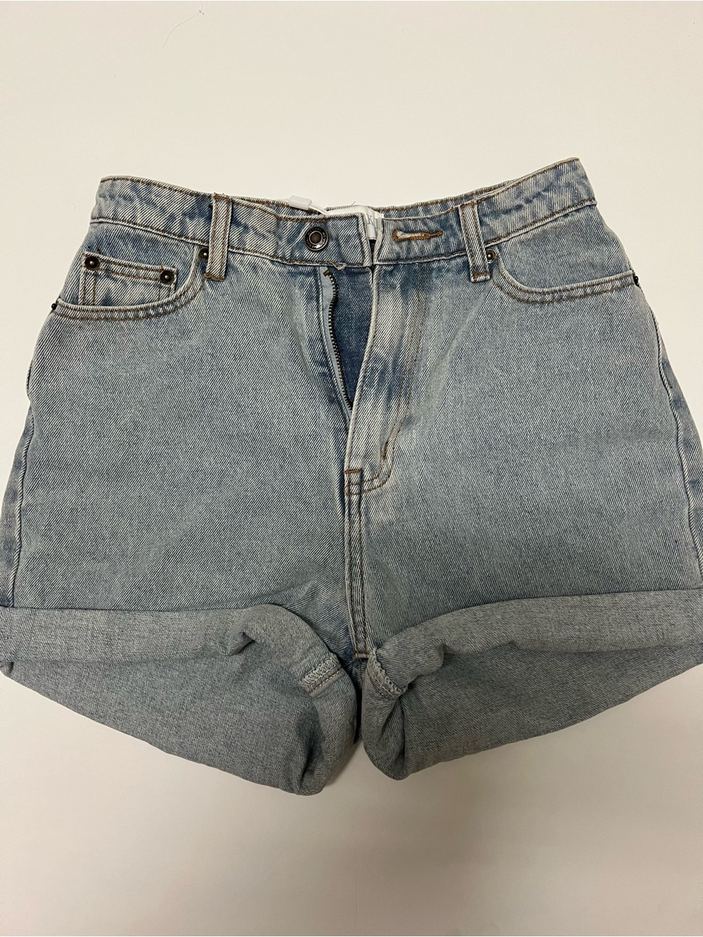 Meshki Denim Light Wash Blue High-Rise Rolled Cuff Denim Shorts